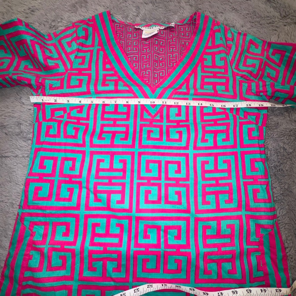 Gretchen Scott Women's Small Pink Turquoise Greek Key V-Neck Tunic Top Resort - Picture 8 of 13
